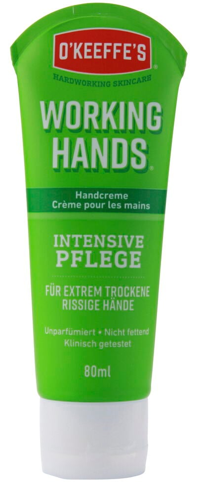 Eine grüne O’Keeffe’s Working Hands Handcreme 80 ml Tube mit weißem Deckel, Vorderansicht.