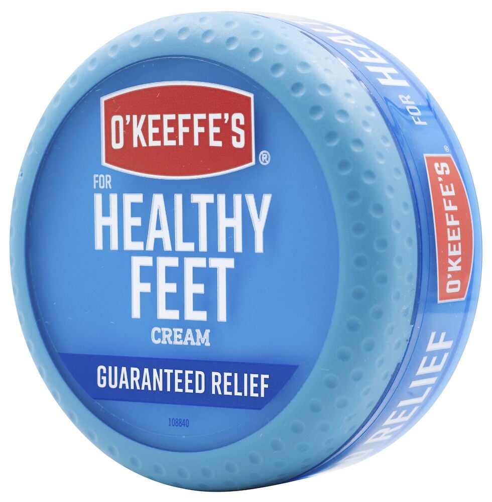 Blå rund burk O'Keeffe's fotkräm för torra fötter.