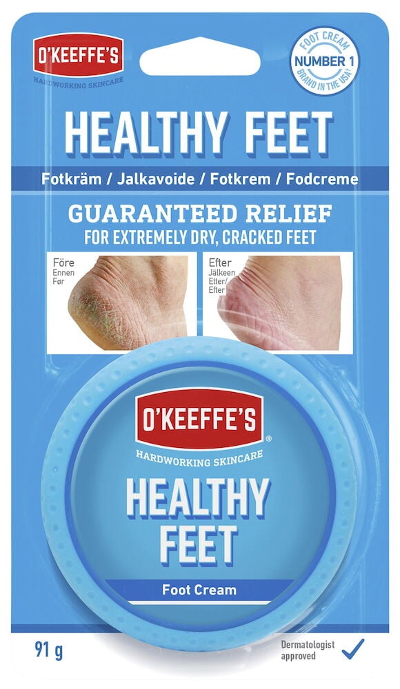 Blå burk O’Keeffe’s fotkräm mot torra fötter.