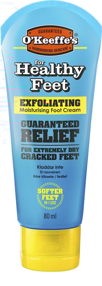 Sininen putki, jossa on keltainen korkki, kuoriva jalkavoide.