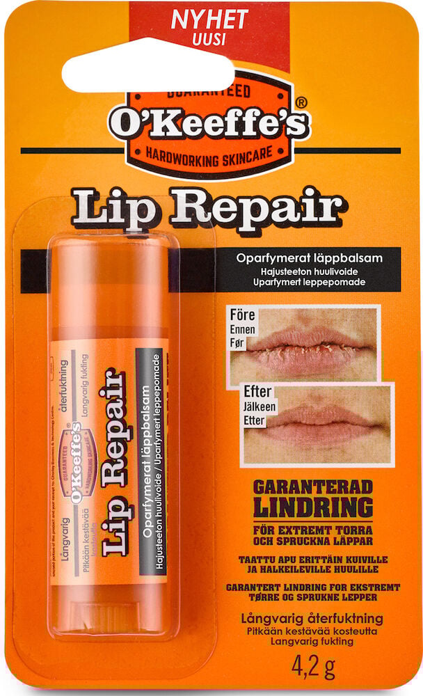 Två orangea läppbalsam i förpackning med före efter-bilder.