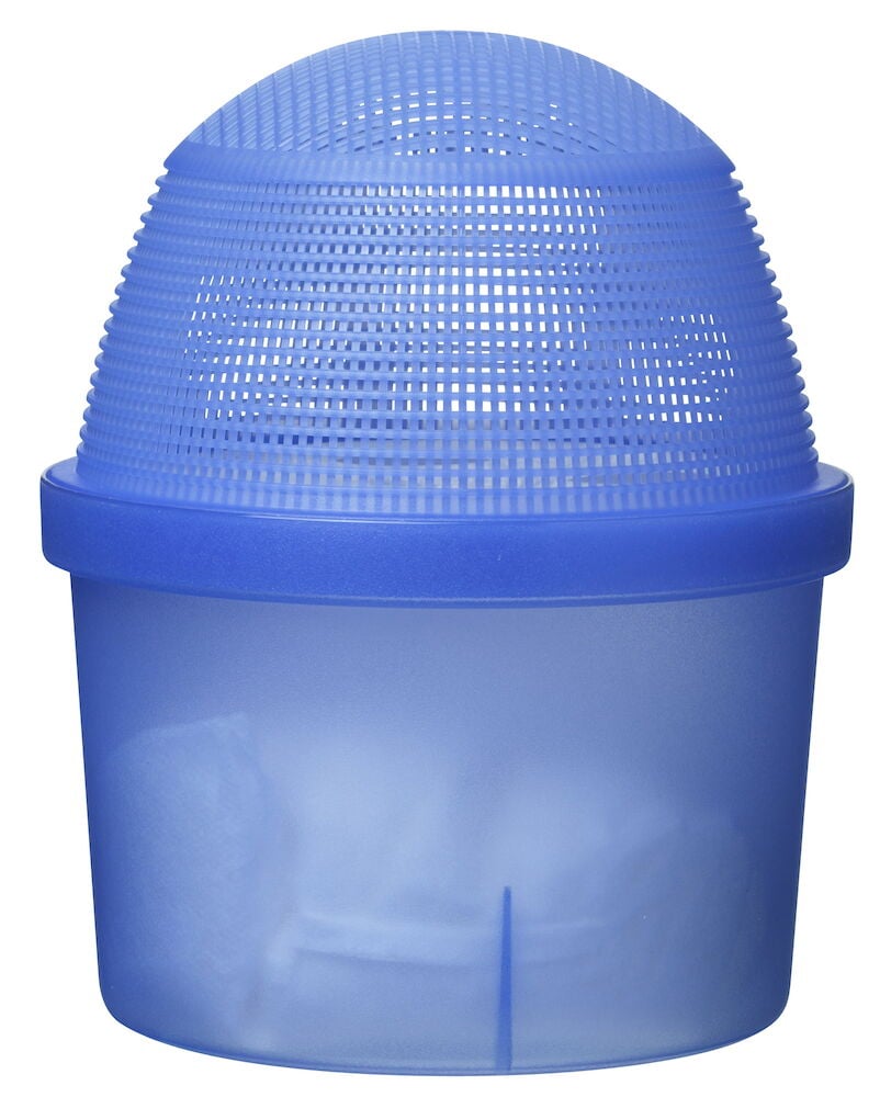 Sininen kosteudenpoistaja, jossa on kupolinmuotoinen ritiläkansi.