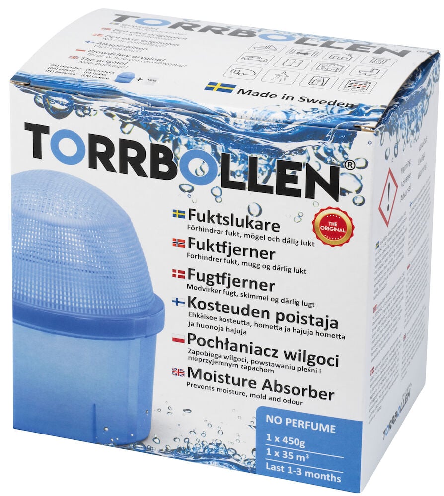 Kosteudenpoistaja sinisessä muovisäiliössä, jossa on informatiivinen pakkaus.