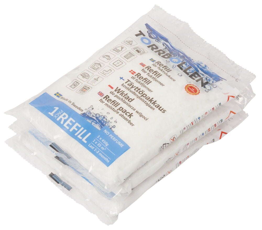 Tre vita refillpåsar för fuktslukare torrbollen.