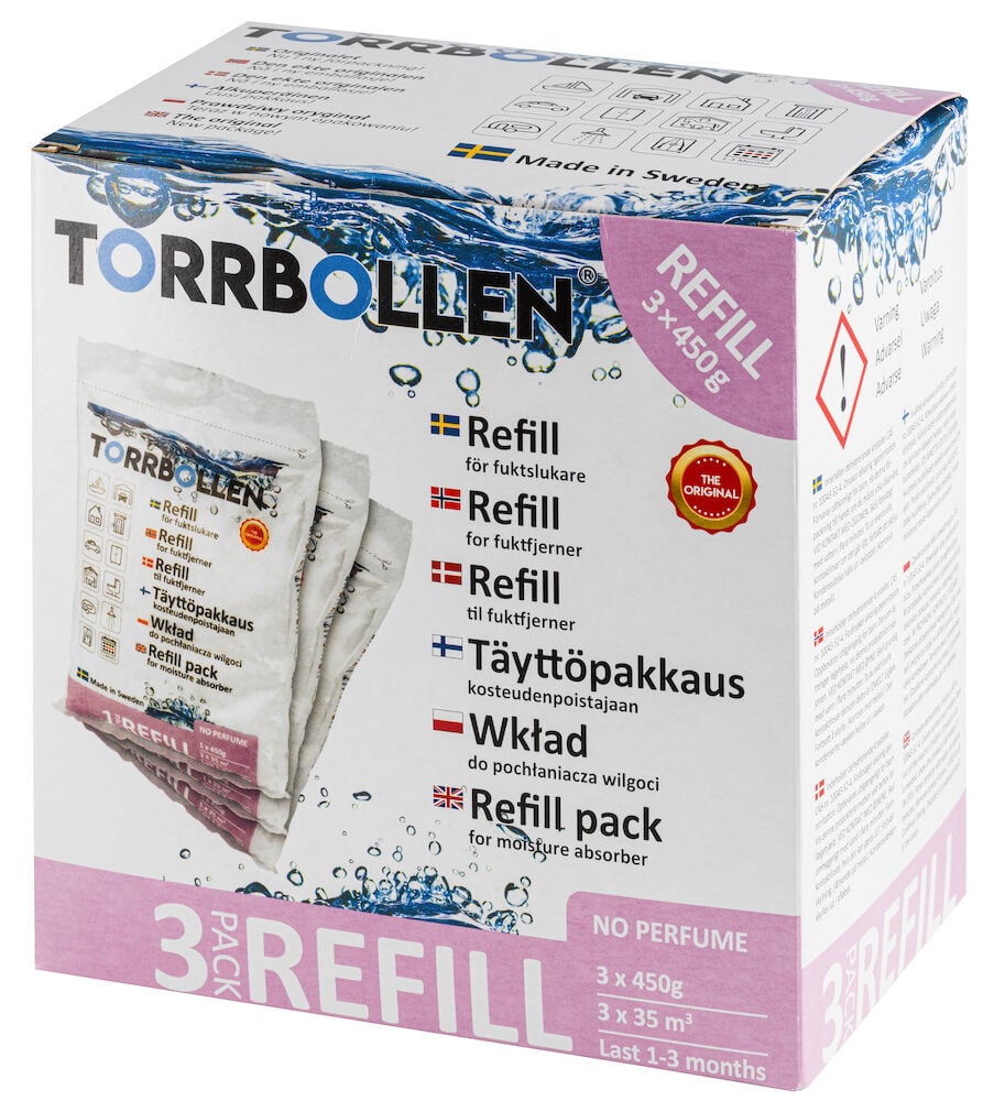 Valkoinen pakkaus, jossa on kolme pussillista kosteudenpoistajaa täyttöä varten.