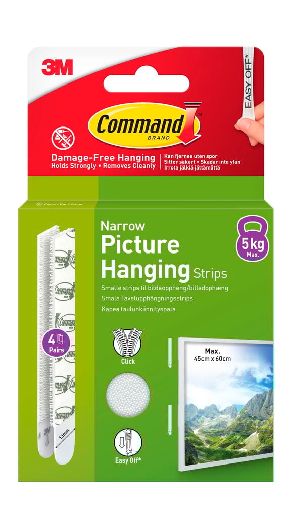 Vita Tavelmonteringsstrips Command 4x2 delar, 13mm breda, för max 5kg, i rödgrön förpackning.