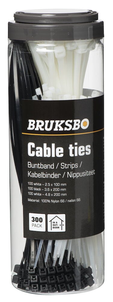 Plastbehälter mit weißen und schwarzen Kabelbindern.