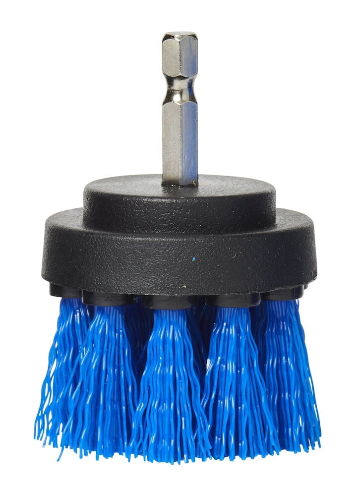Borste med blå nylonborst för borrmaskin.