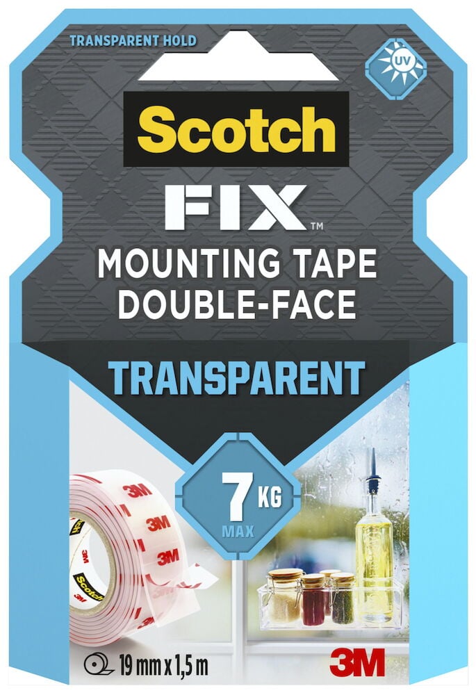 Läpinäkyvä kaksipuolinen asennusteippi rullalla pakkauksineen.