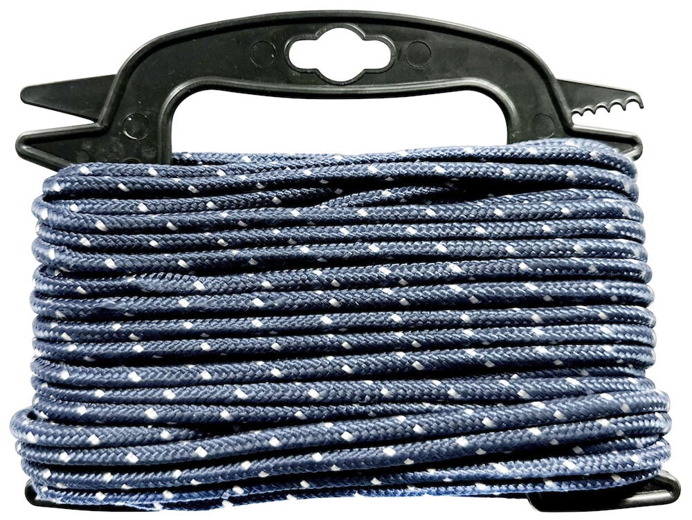 Blått polypropenrep på svart plastvinda.