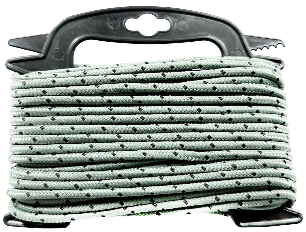 Grå polypropenlina upplindad på svart plastspole.