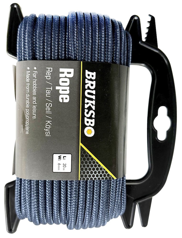 Blått polypropenrep på svart handtag.