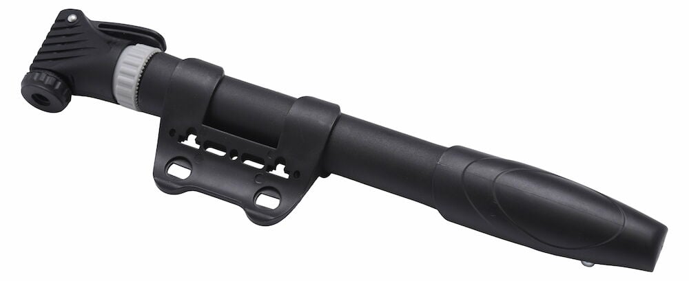 Svart minipump med fäste för cykelmontering.