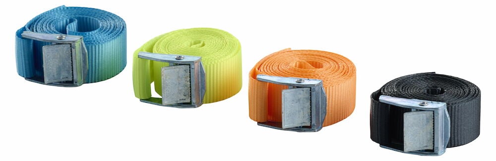 Fyra färgglada spännband med metallspännen.