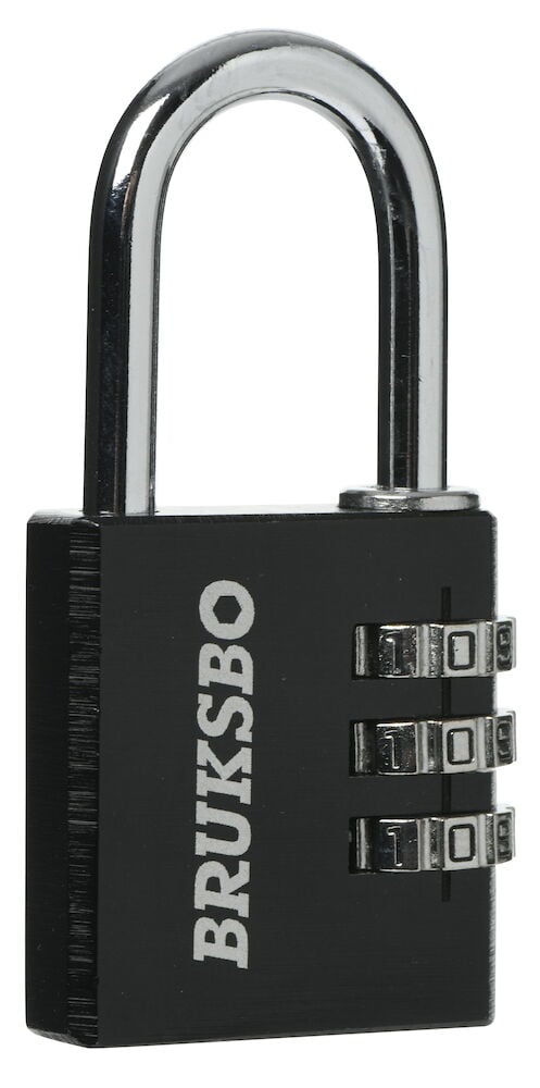 Svart kombinationslås med tre vred och metallbygel.