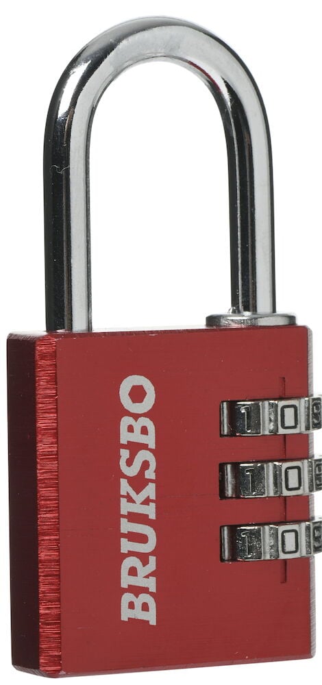 Rött kombinationshänglås med tre siffror och silverbygel.