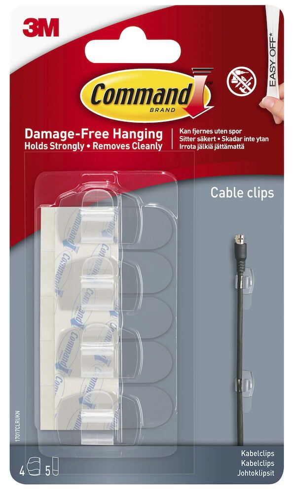 Förpackning med genomskinliga sladdklämmor och monteringsremsor.