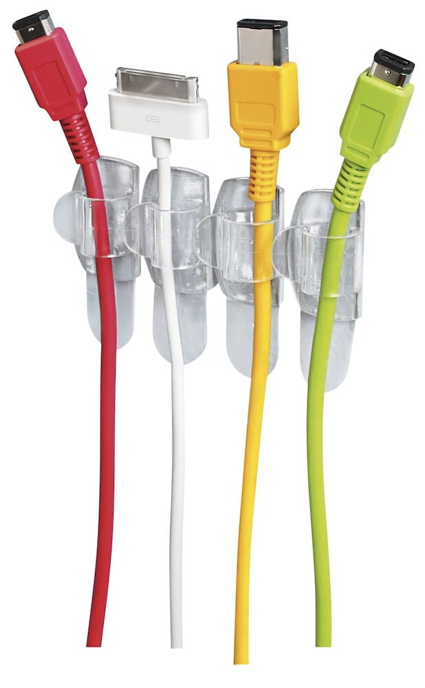 Fire gjennomsiktige ledningsklemmer holder fargede kabler.