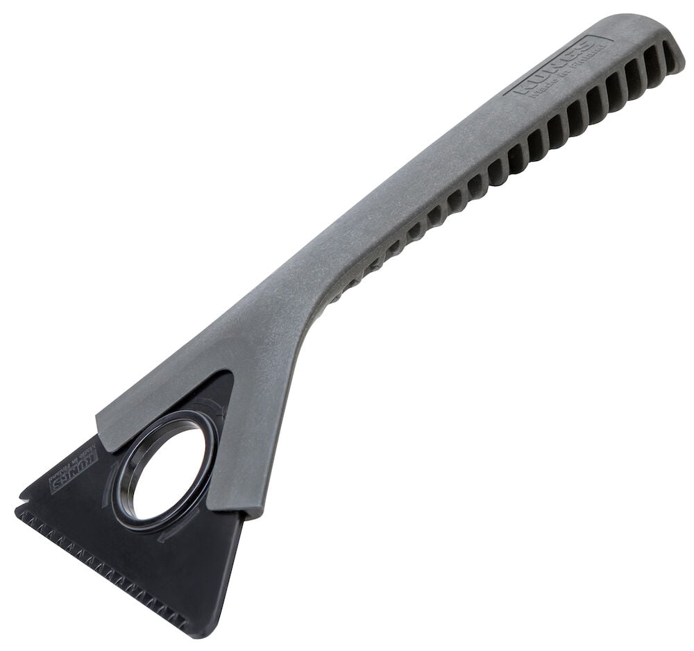 Grå isskrapa med ergonomiskt handtag och svart blad.