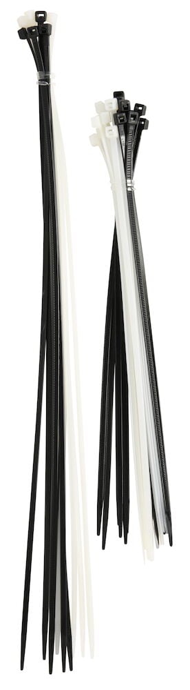 Schwarze und weiße Kabelbinder in zwei verschiedenen Längen.