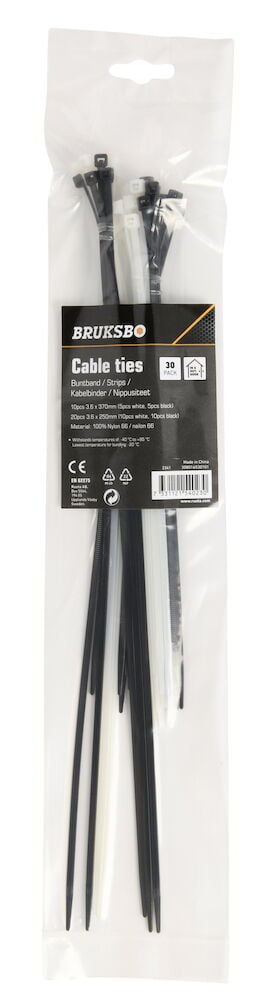 Förpackning med svarta och vita buntband.