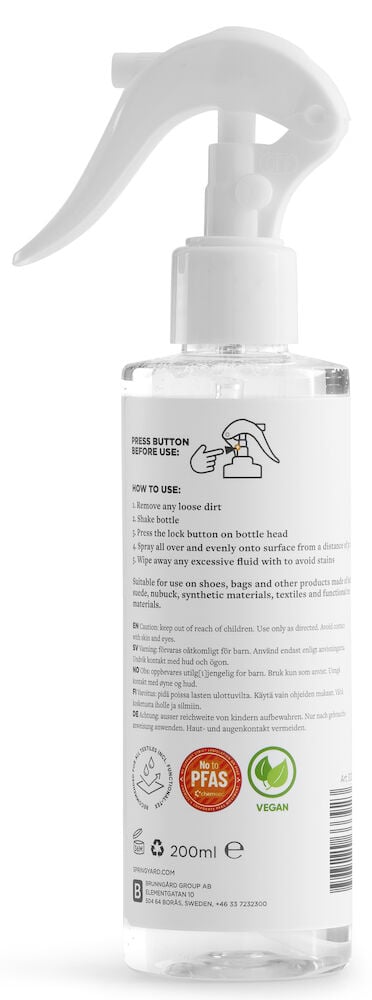 Transparent sprayflaska med vit etikett och spraypump.