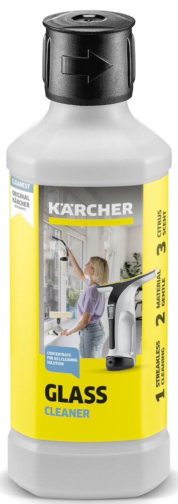 Ikkunanpesuaine pullossa, jossa on musta korkki.