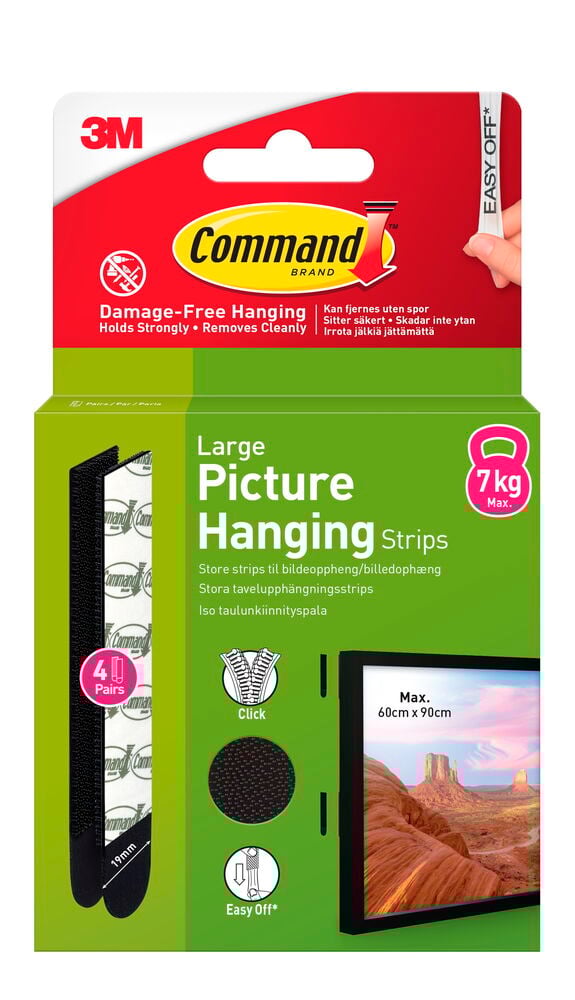 Taulunkiinnitysnauhat Command Large, 4 paria, vaurioittamattomaan kiinnitykseen jopa 7 kg asti.