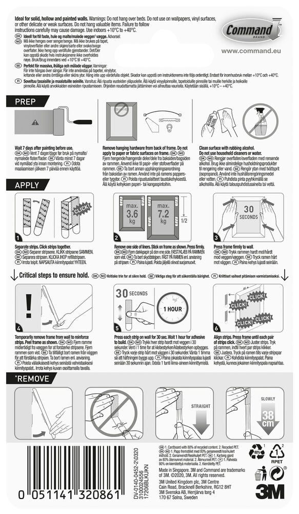 Instruktionsblad för montering av vita tavelupphängningsstrips.
