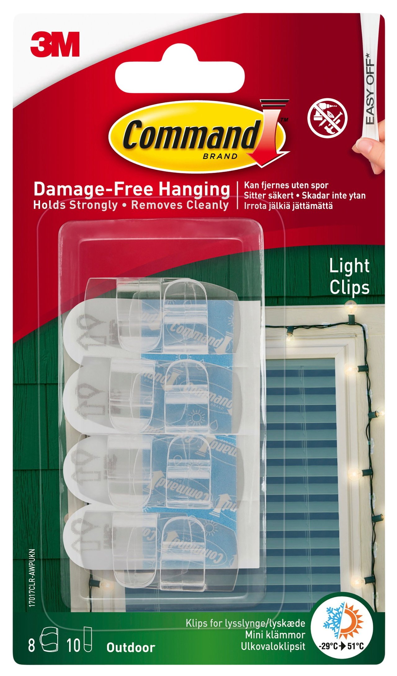 Transparenta clips till ljusslingor i plastförpackning.