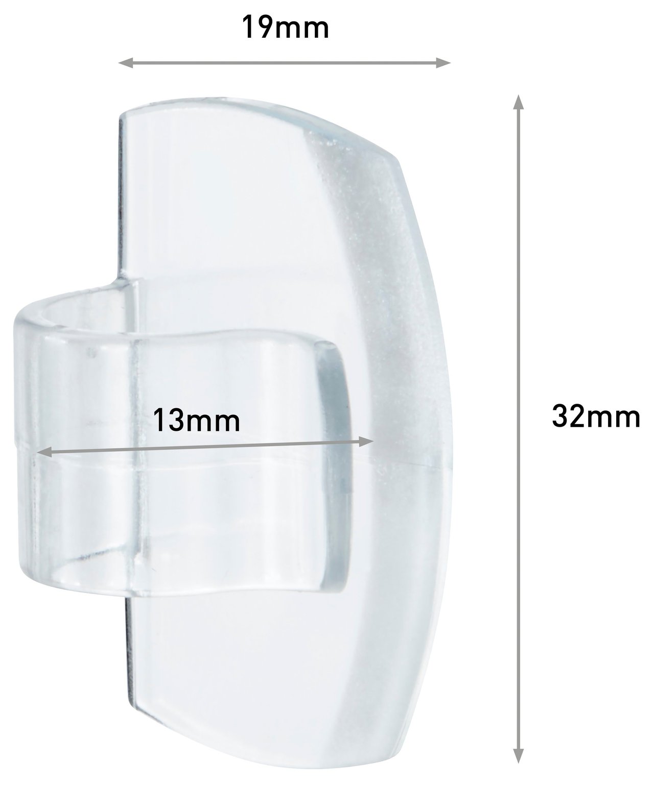 Transparent klämma i plast med måttangivelser.