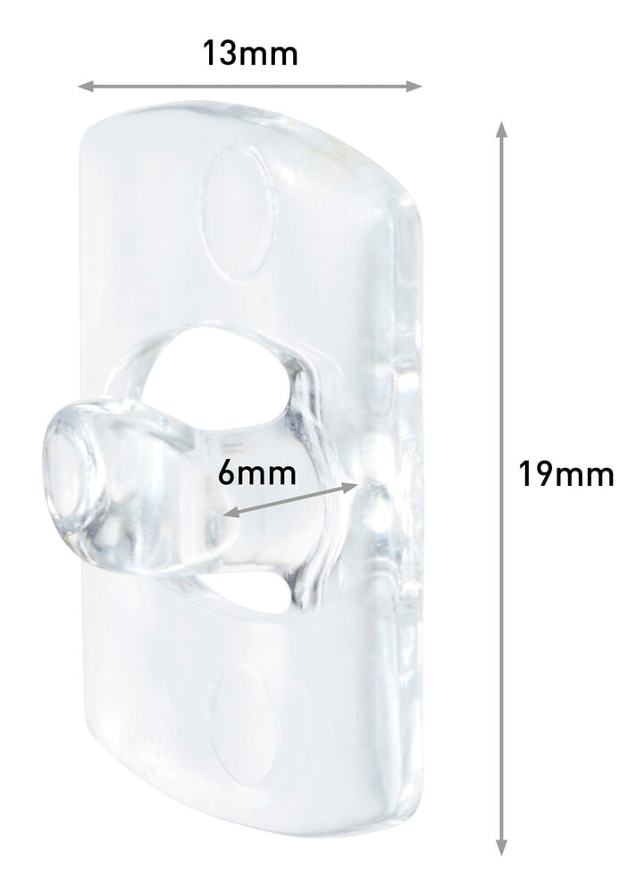 Transparent plastklämma med krok och måttangivelser.