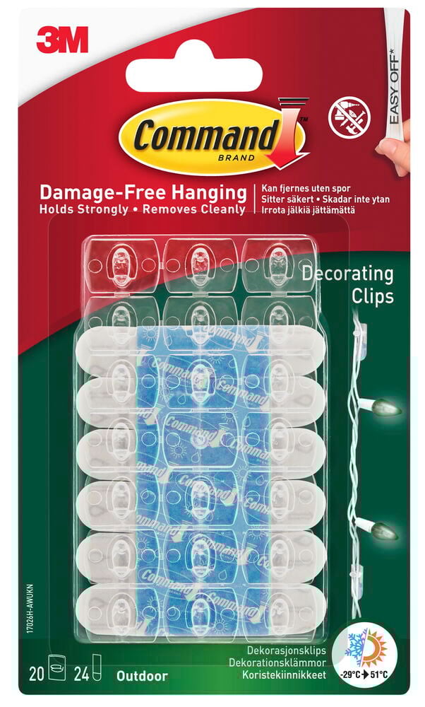 Förpackning med tjugo transparenta dekorationsklämmor och ministrips.