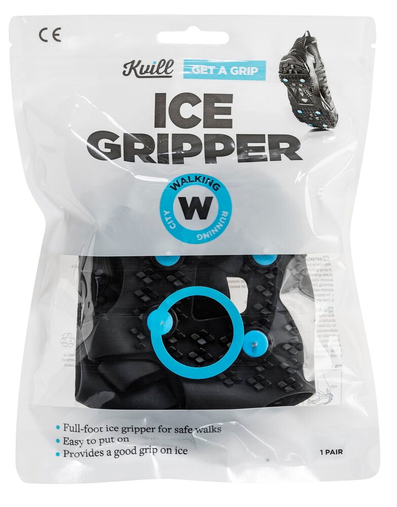 Svart helfotshalkebeskyttelse med blå pigger i pakning.