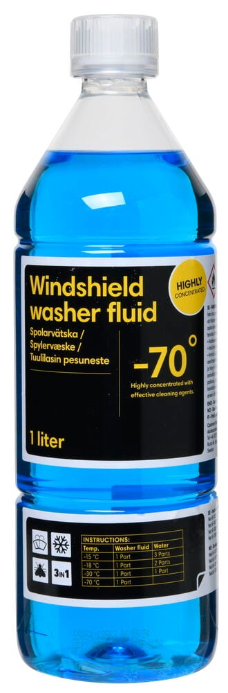 Blå flaska med spolarvätska och svart etikett.