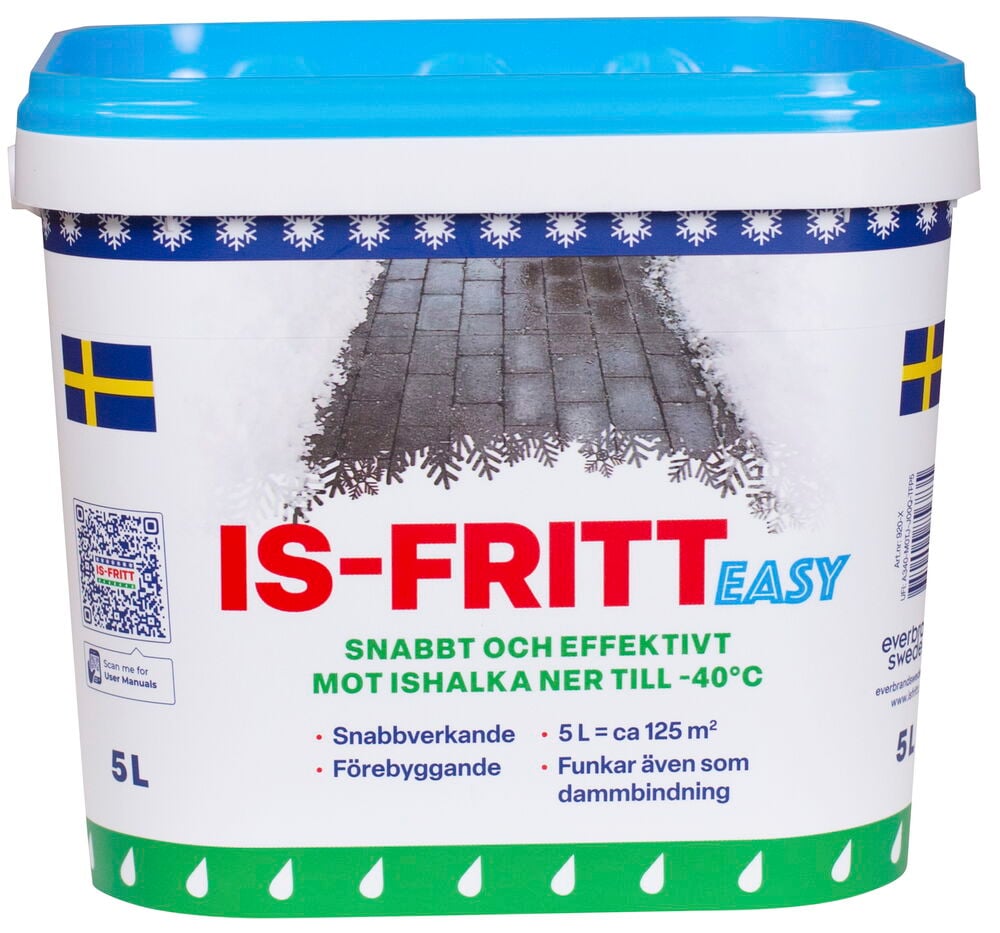 Vit plastburk med blått lock och färgglad etikett.