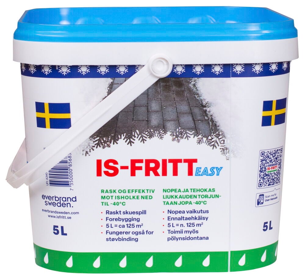 Snösmältningsmedel i hink, blått lock, svensk flagga.