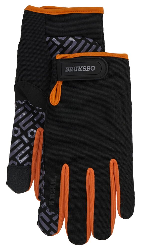 Mustat asennuskäsineet oransseilla yksityiskohdilla ja säädettävällä soljella.