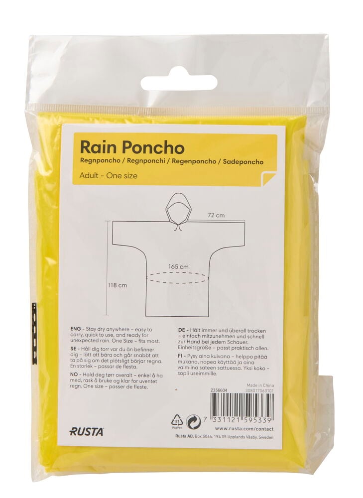 Keltainen Sadeponcho Aikuiset, yksi koko on läpinäkyvässä muovipakkauksessa tuotetietojen ja mittojen kanssa.