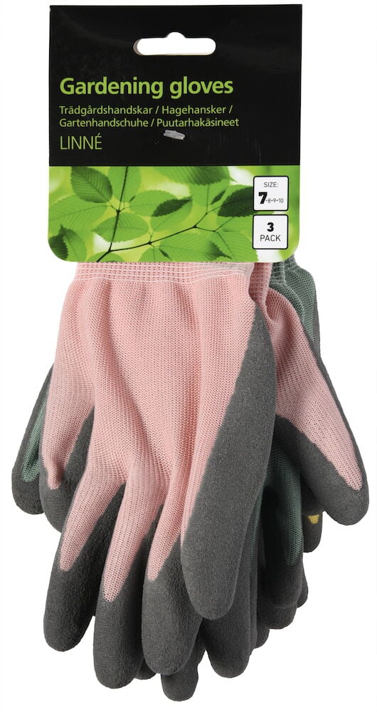 Drei Paar rosa Gartenhandschuhe mit dunkelgrauer Handfläche.