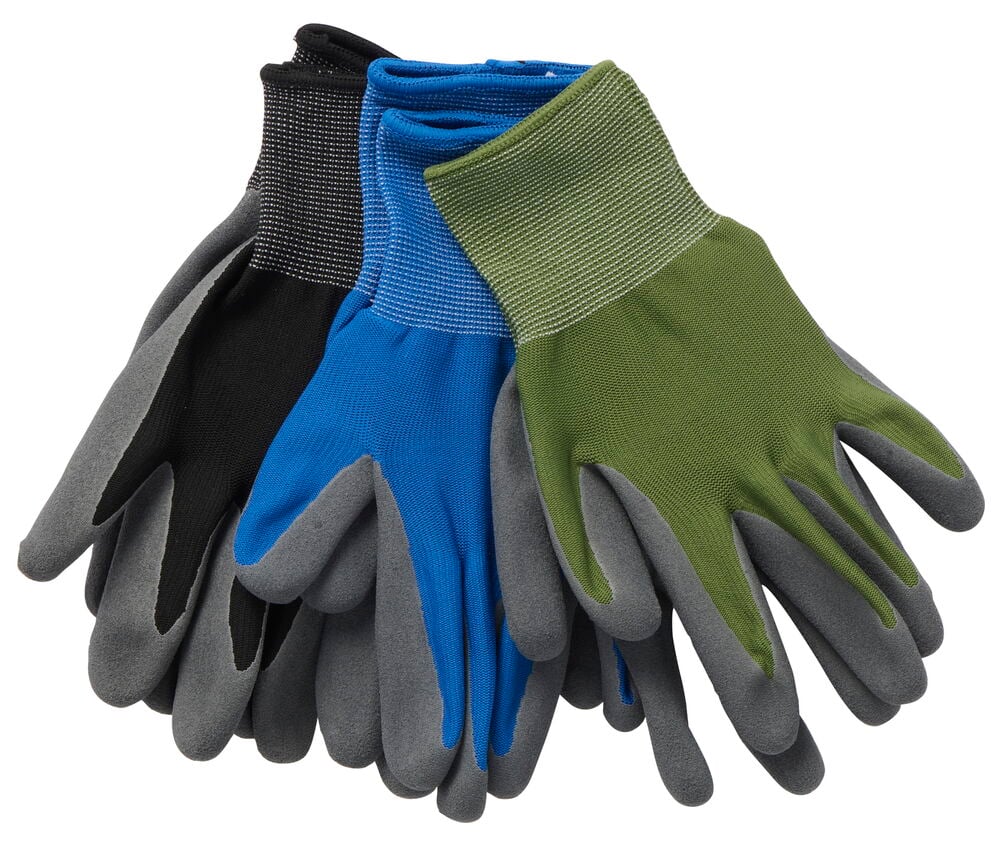 Drei Paar Gartenhandschuhe in Blau, Grün, Schwarz.