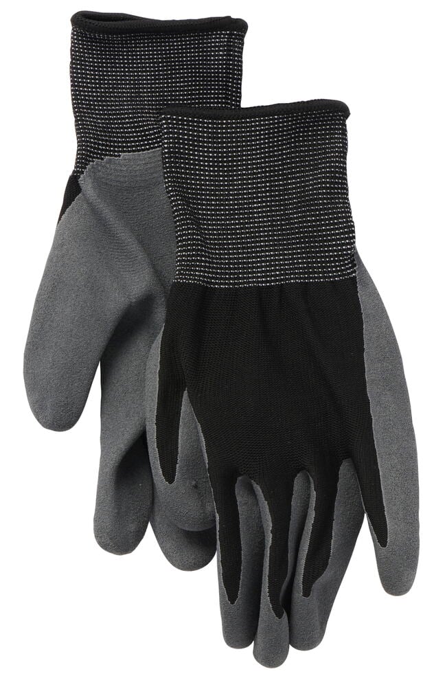 Ein Paar schwarze und graue Gartenhandschuhe.