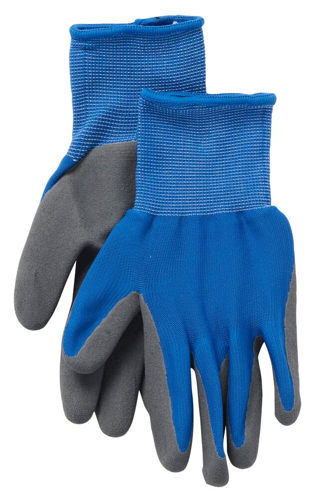 Blaue Gartenhandschuhe mit grauen Handflächen.