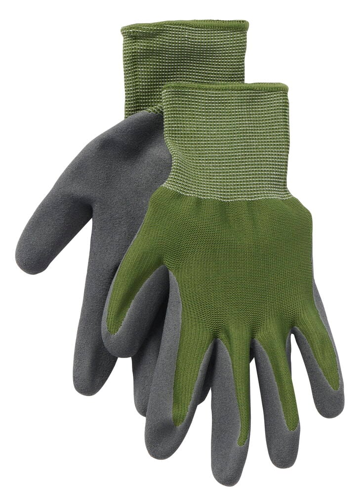 Ein Paar grüne Gartenhandschuhe mit grauer Grifffläche.