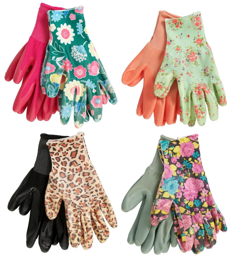 Vier Paar Gartenhandschuhe in verschiedenen Farben und Mustern.