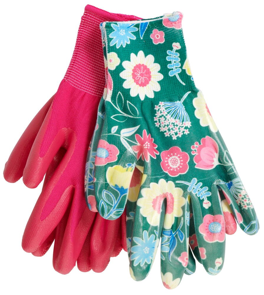 Ein Paar Gartenhandschuhe, einfarbig und blumig.