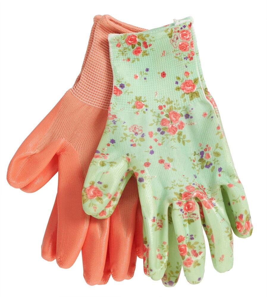 Zwei Gartenhandschuhe, einfarbig und gemustert.