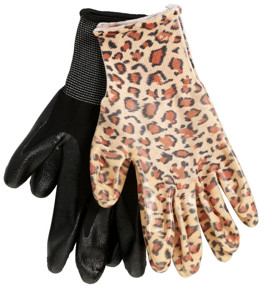 Ein Paar Gartenhandschuhe, einer schwarz, einer gemustert.