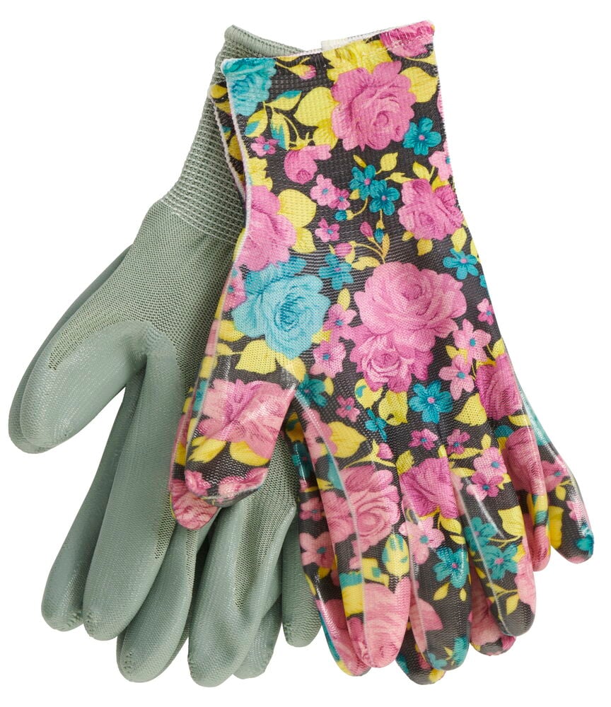 Ein Paar Gartenhandschuhe, einfarbig und geblümt.