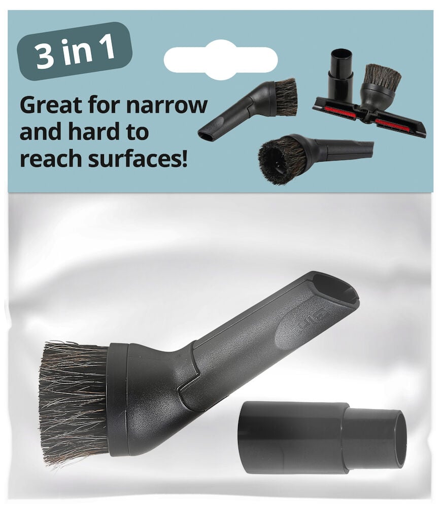 Svart 3-i-1 dammsugarmunstycke med borste och adapter.